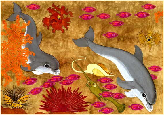 fish, coral and dolphins